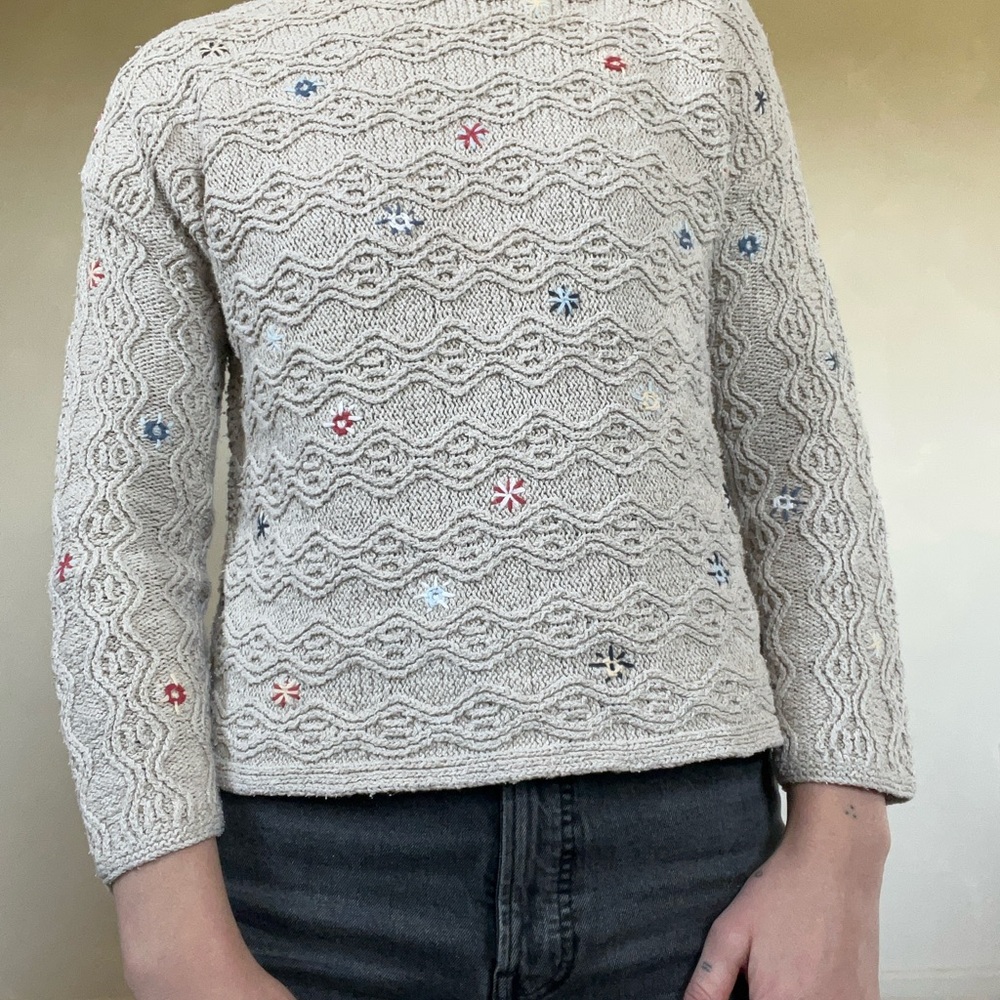 Cream Crew Neck Sweater with Textured Knit